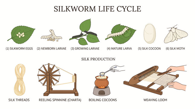 Very beautiful realistic flat vector botanical set showing silkworm eggs, newborn larvae, growing silkworms feeding on mulberry leaves, mature larva, silk cocoon, LABEL: "SILKWORM LIFE CYCLE", silk th