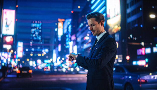 A sharp businessman checking his luxury watch amidst vibrant city night lights. This cinematic capture evokes ambition, punctual success, and urban sophistication for corporate lifestyle themes.