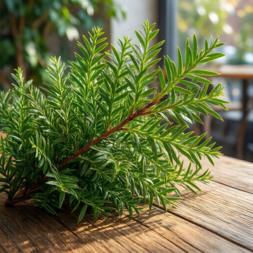 Sustainability and nature concept, fresh green yew branch on rustic wooden table for organic wellness, botanical decor and environmental conservation