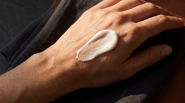 Content mature woman applying moisturizer cream dollop onto back of hand