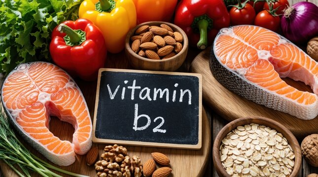 Fresh salmon steaks, bell peppers, nuts, oats on wooden table. Healthy food ingredients for vitamin b2 riboflavin diet. Raw seafood, vegetables, grains provide energy, nutrients for metabolism,