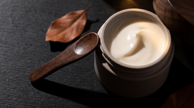 Wooden spoon resting beside open jar of whipped moisturizer cream skincare