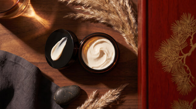 Elegant flat lay of moisturizer jars with dried grass on dark wooden table