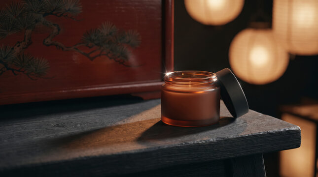 Amber glass skincare jar with lid off beside glowing paper lantern lights