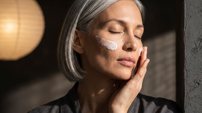 Serene mature woman applying moisturizer cream to her cheek with closed eyes