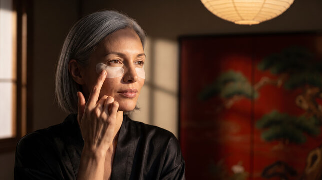 Mature woman applying hydrogel under-eye patch during morning skincare routine