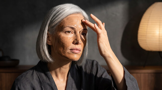 Mature woman applying clay face mask with her fingers during beauty ritual