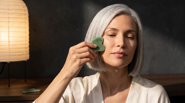 Focused mature woman using a jade gua sha tool on cheek for facial massage