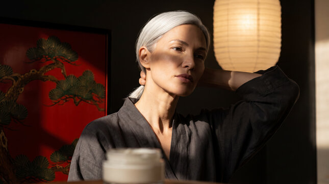 Confident mature woman resting her head on hand near a blurred skincare jar