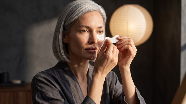 Mature woman applying a second hydrogel under-eye patch during morning routine