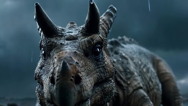 Extreme Close-Up of Triceratops Face in Rain With Dramatic Stormy Sky