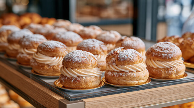 A warm bakery display case lined with rows of puffy cream puffs dusted with powdered sugar on national cream puff day, French patisserie, bakery retail, pastry chef craft, choux