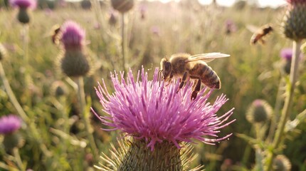 Obraz premium Honeybee on Blooming Milk Thistle Flower Pollinating in a Sunlit Summer Field for Natural Wellness Concepts