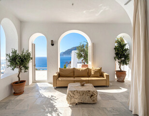 Obraz premium A serene Mediterranean lounge with arched doorways overlooking the blue sea. This interior captures pure relaxation, luxury, and coastal tranquility, featuring nobody in this minimalist villa.