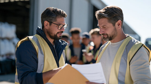 A teen driving instructor cross-references two training assessment documents at an industrial vehicle depot, both wearing high-visibility protective gear, a multicultural group of