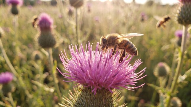 Honeybee on Blooming Milk Thistle Flower Pollinating in a Sunlit Summer Field for Natural Wellness Concepts