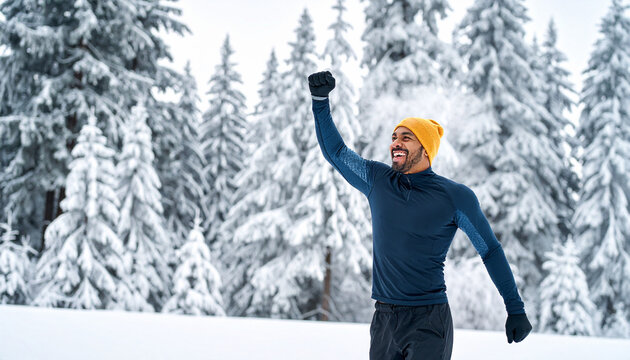 An energetic man celebrates a triumphant fitness achievement in a serene, snowcovered forest. This inspiring winter scene captures pure joy, peak performance, and the spirit of personal victory.