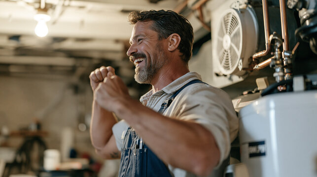 A water softener installation technician in a basement celebrates a confirmed promotion with a quiet fist pump beside the completed unit, a nearby fan vent humming beside copper