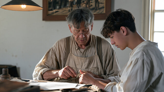 A master ropemaker in a modest home mentors a teenage apprentice through a difficult splicing step, an old framed photograph of dockworkers hanging on the wall above them, the