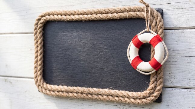 Blank Chalkboard with Rope and Lifebuoy Hanging on White Wooden Wall for Coastal Restaurant Menu
