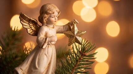 Fototapeta premium Christmas Angel Figurine Placing Golden Star on Tree Top for Holiday Card and Seasonal Marketing Background