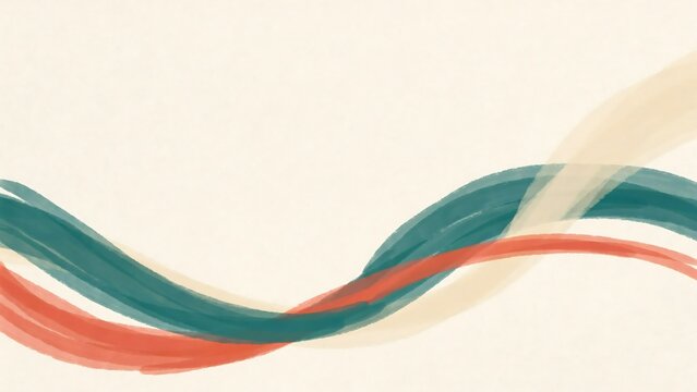 Minimalist watercolor wave background, abstract flowing brush strokes on beige paper texture, elegant artistic banner with teal and red lines