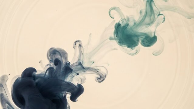 Abstract ink in water background, swirling dark blue and teal liquid clouds, ethereal smoke texture on cream paper backdrop for creative design