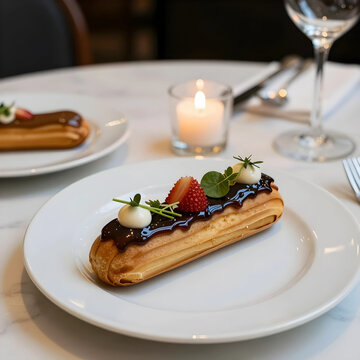 Fine dining dessert, gourmet chocolate eclair with fresh strawberry and cream served on a white plate in a restaurant for luxury catering and pastry