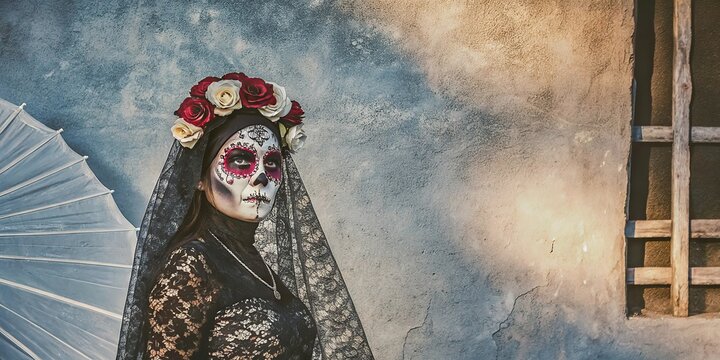 Gothic woman with sugar skull makeup and red roses in dark mysterious scene