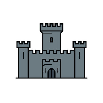 Grey stone castle with towers and battlements in flat minimalist style