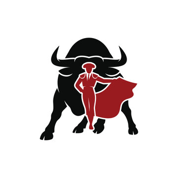 Matador with red cape standing in front of large black bull silhouette