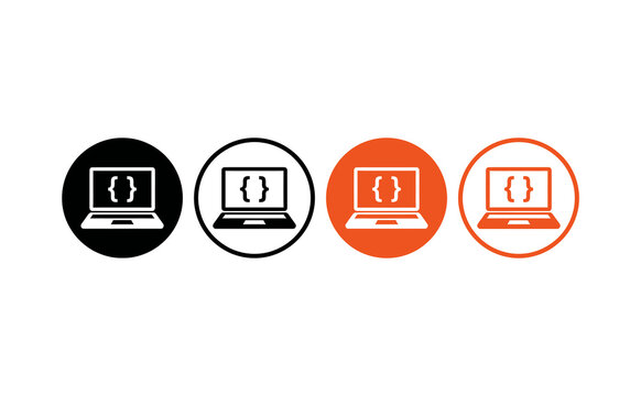 Modern programming laptop icon set featuring coding brackets inside circular badges