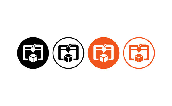 Modern three dimensional printer logo icon variations featuring black and orange colors