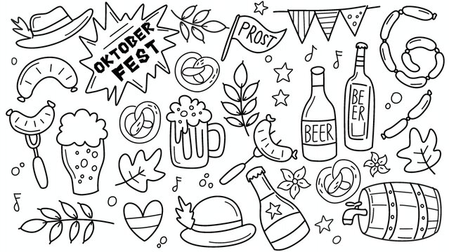 a collection of black and white Oktoberfest doodle illustrations pattern 