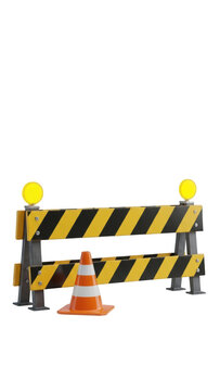 Road construction barrier with yellow warning lights, striped safety barricade and traffic cone, industrial street work equipment on white background