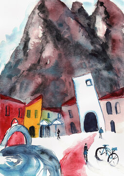 Riva del Garda Old Town Beneath Dramatic Mountains, Hand-Painted Watercolor