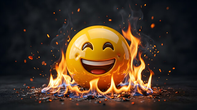 Burning Smiley Face Emoji on Fire, Hot and Laughing Expression, Dark Background