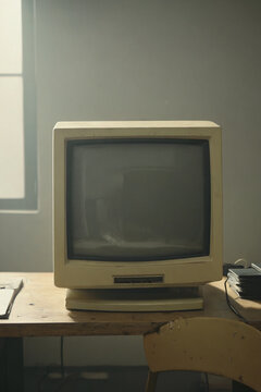 Old Vintage Beige CRT Computer Monitor on Wooden Desk in Dusty Office with Sunlight