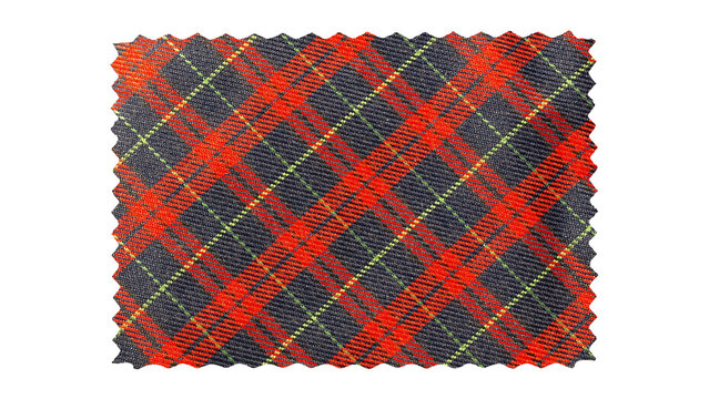 Red and black tartan plaid fabric swatch angled with zigzag edges on white background material checkered scottish