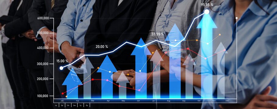 A group of professionals in business attire stands together, showcasing collaboration and growth. An overlay graph highlights positive trends and success indicators. Scalp