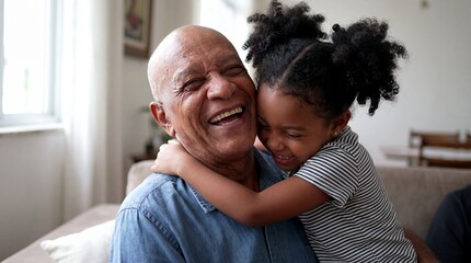 Fototapeta premium grandfather granddaughter family hug laughter home affection child senior joy a laughing grandfather and granddaughter share a tender embrace near a sunny window for loving family stories