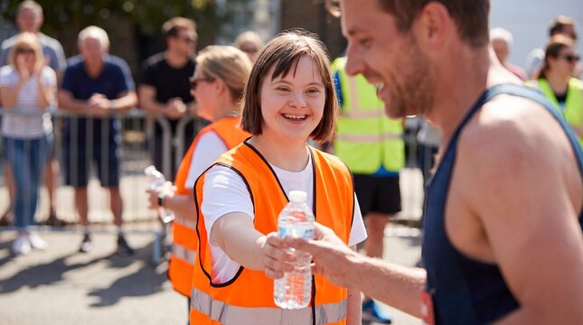 volunteer runner water sports race hydration assistance athlete street event a helpful volunteer hands refreshment to an athlete at a crowded street race for accessible sports events