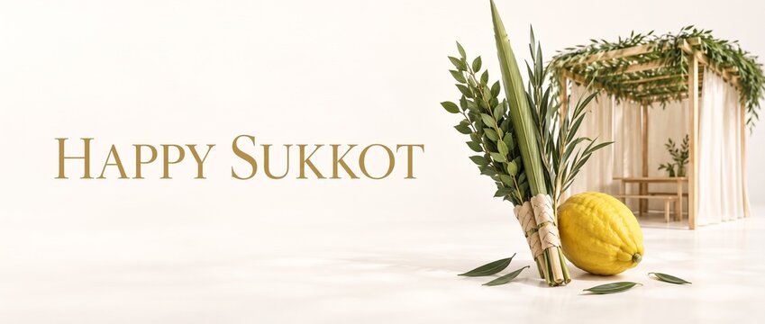 Happy Sukkot Greeting Banner with Etrog, Lulav and Sukkah on Minimalist White Background