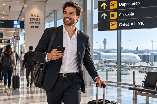 Business Traveler at Airport: A well-dressed businessman walks confidently through an airport terminal, pulling his suitcase and checking his phone, ready for his next journey.