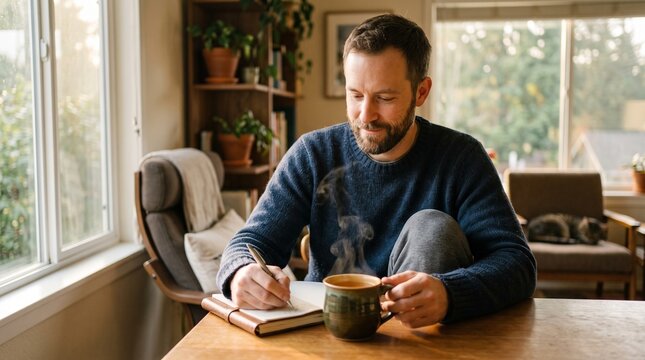 A man writes in a notebook while holding a mug at a table. His short beard frames a calm, downward-looking expression. Home journaling and personal planning begin over coffee.