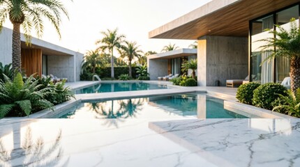 Fototapeta premium Modern Luxury Villa With Infinity Pool And Tropical Garden For Real Estate Marketing