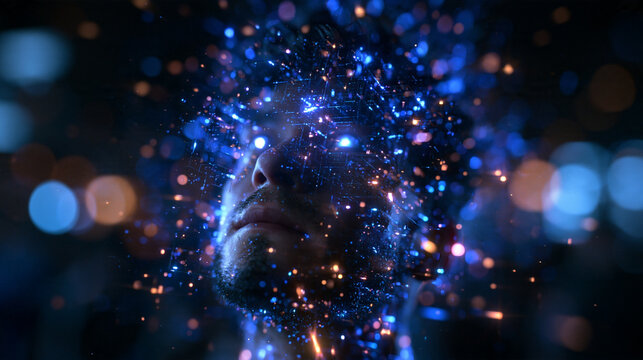 Futuristic Man Face Dissolving Into Glowing Digital Particles