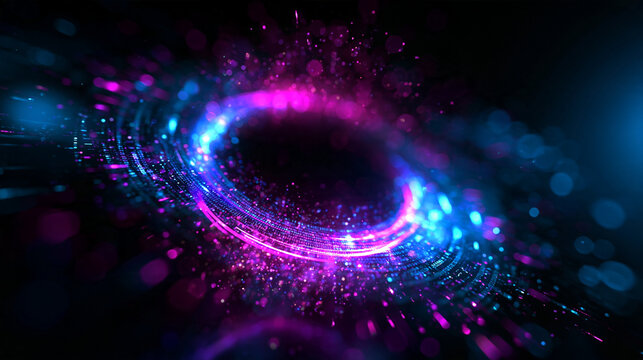 Glowing Futuristic Neon Circle Portal with Digital Particles