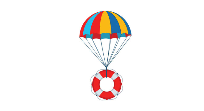 Colorful parachute carrying a red and white lifebuoy downwards, symbolizing financial security, safety net, and protection.