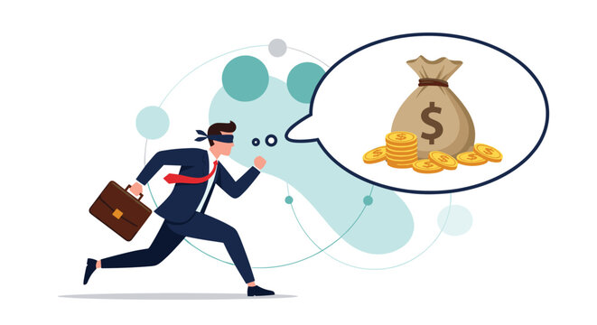 Blindfolded businessman running with a briefcase while dreaming of a giant sack of gold coins, representing greed or blind risk.